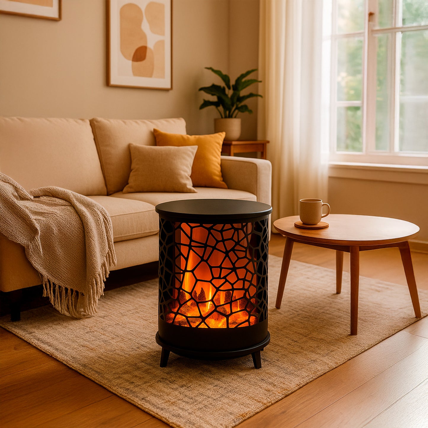 Caminetto rotondo Gardena design elegante e fiamma olografic