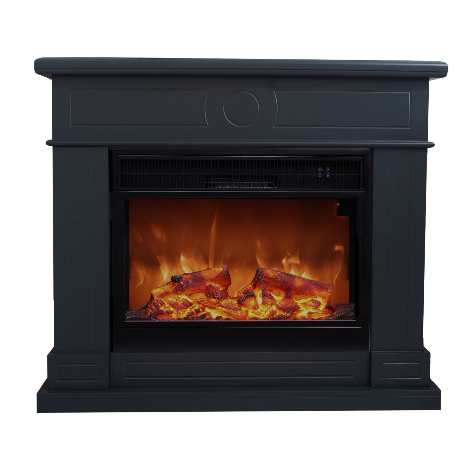 Caminetto elettrico grigio scuro con effetto fiamma realistico