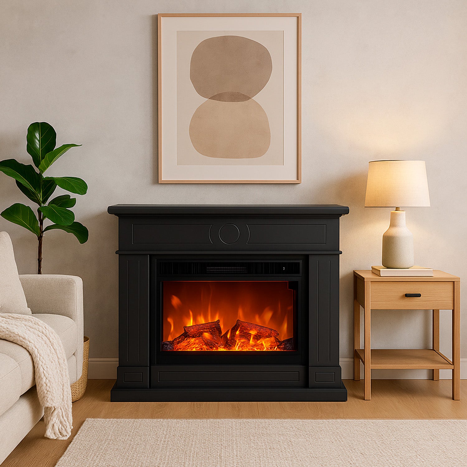 Caminetto elettrico grigio scuro con effetto fiamma realistico