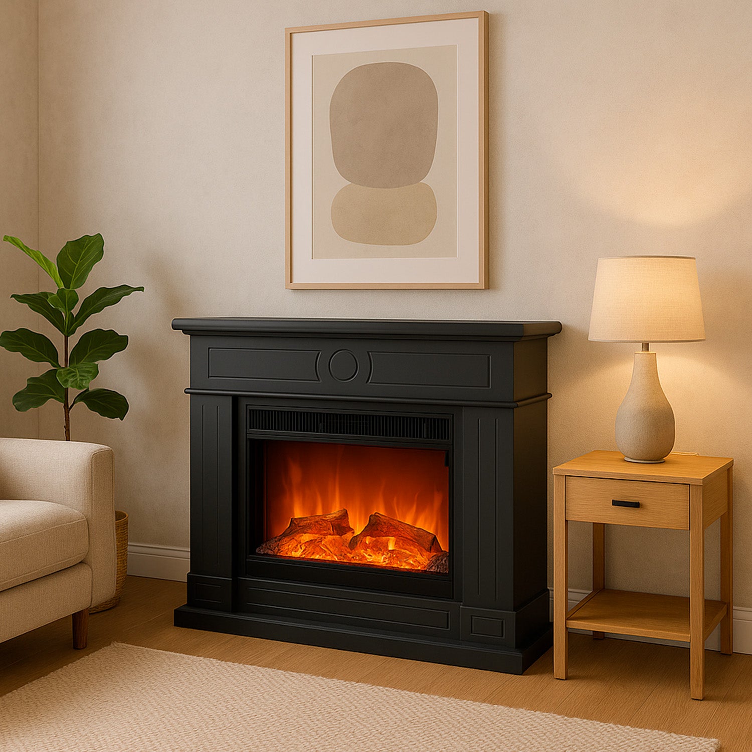 Caminetto elettrico grigio scuro con effetto fiamma realistico
