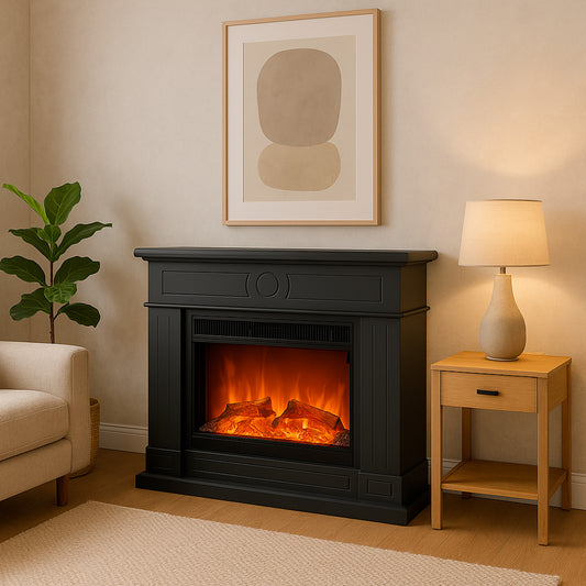 Caminetto elettrico grigio scuro con effetto fiamma realisti
