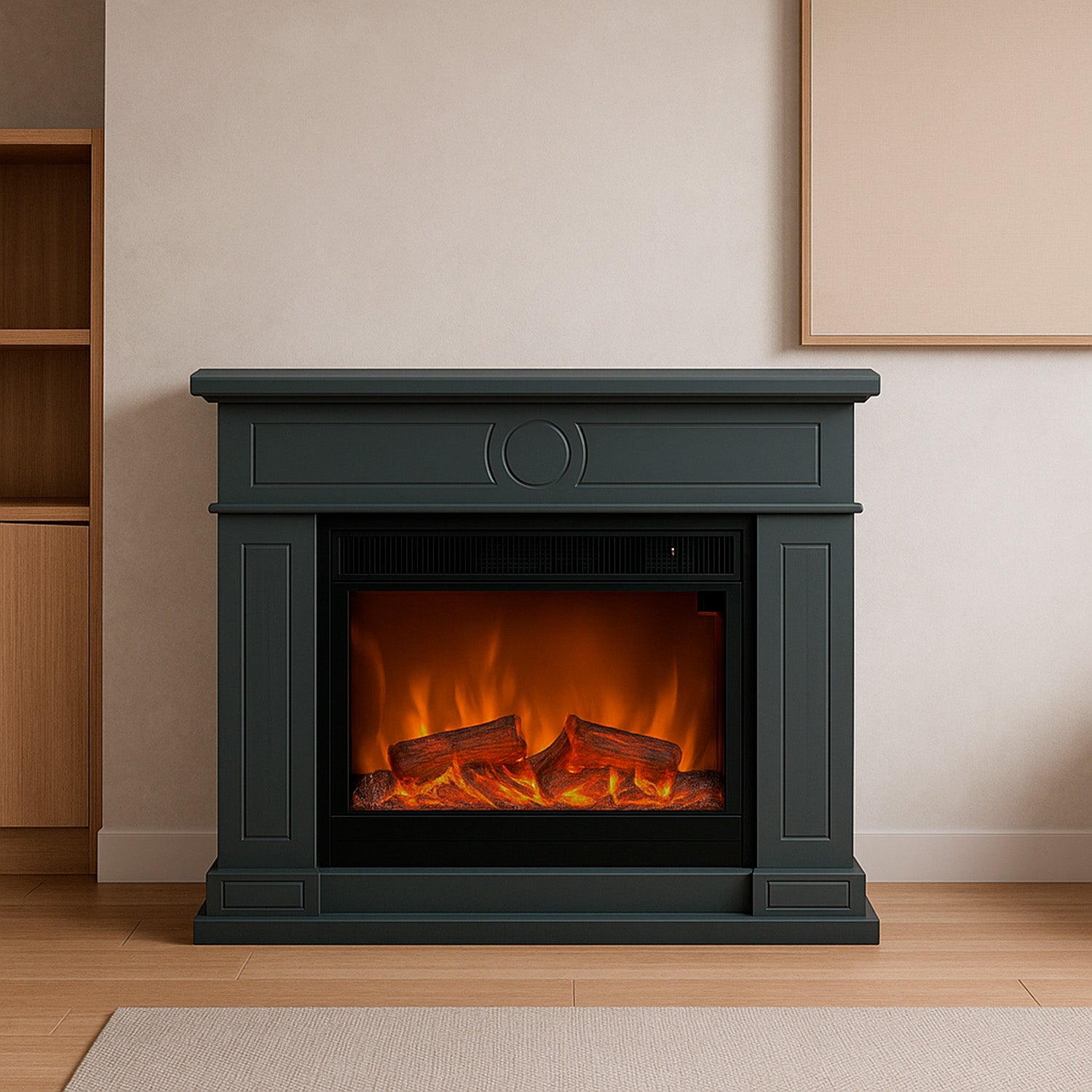 Caminetto elettrico grigio scuro con effetto fiamma realistico