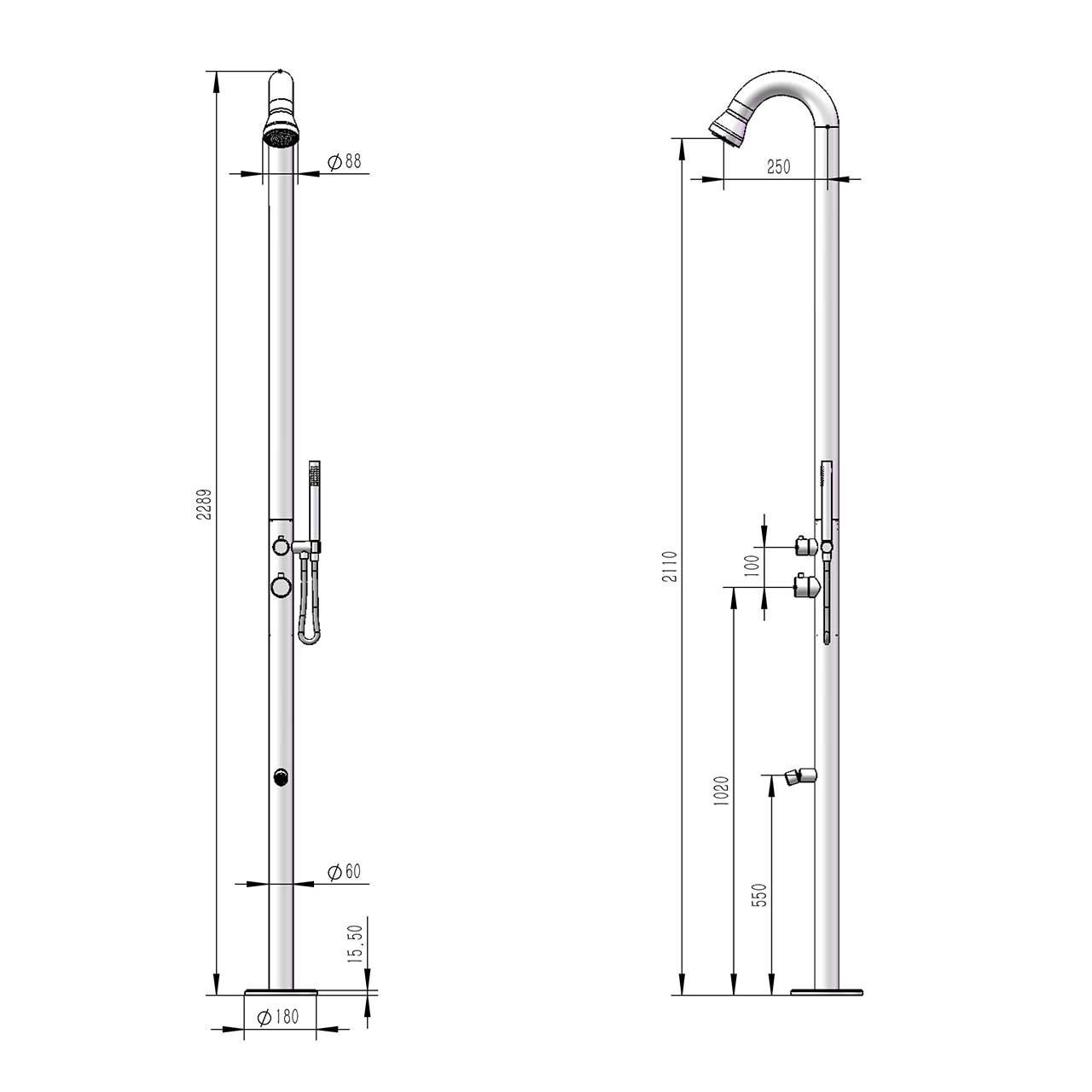 Doccia Nera In Acciaio Inox 316l Con Soffione e Doccino