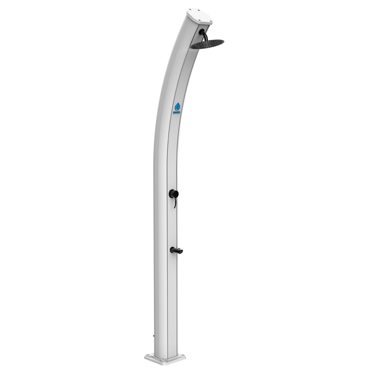 Doccia Solare Ecologica In Alluminio Bianca Sined Dafne Con Soffione Rotondo Da 20 Cm Miscelatore e Rubinetto Lavapiedi Struttura Curva In Alluminio Per Esterni Serbatoio Da 35 Litri Altezza 226 Cm Ideale Per Bordo Piscina Giardino Beb Hotel Cam