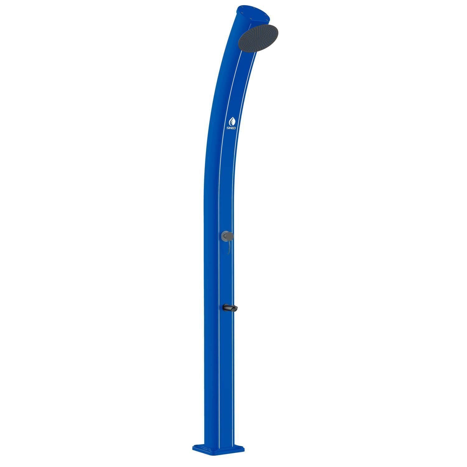 Doccia Solare Ecologica In Alluminio Blu Con Soffione Da 20 Cm Miscelatore Rubinetto Lavapiedi e Struttura Curva Per Esterni Serbatoio Da 35 Litri Altezza 226 Cm Ideale Per Piscine Giardini Hotel e Campeggi Acquista Ora Per Un Investimento Sicuro