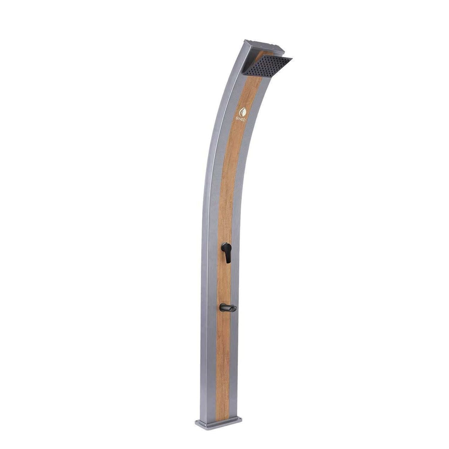 Doccia Solare Grigia In Alluminio Con Fascia Legno e Soffione Quadrato