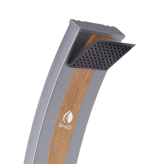 Doccia Solare Grigia In Alluminio Con Fascia Legno e Soffione Quadrato