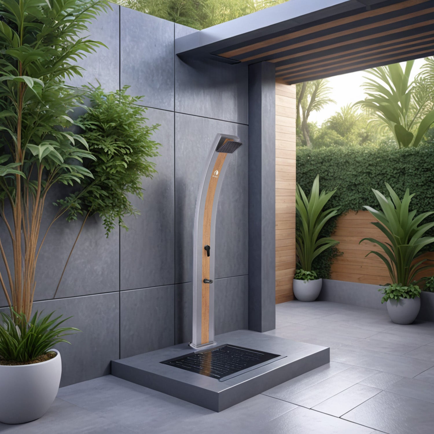 Doccia Solare Grigia In Alluminio Con Fascia Legno e Soffione Quadrato