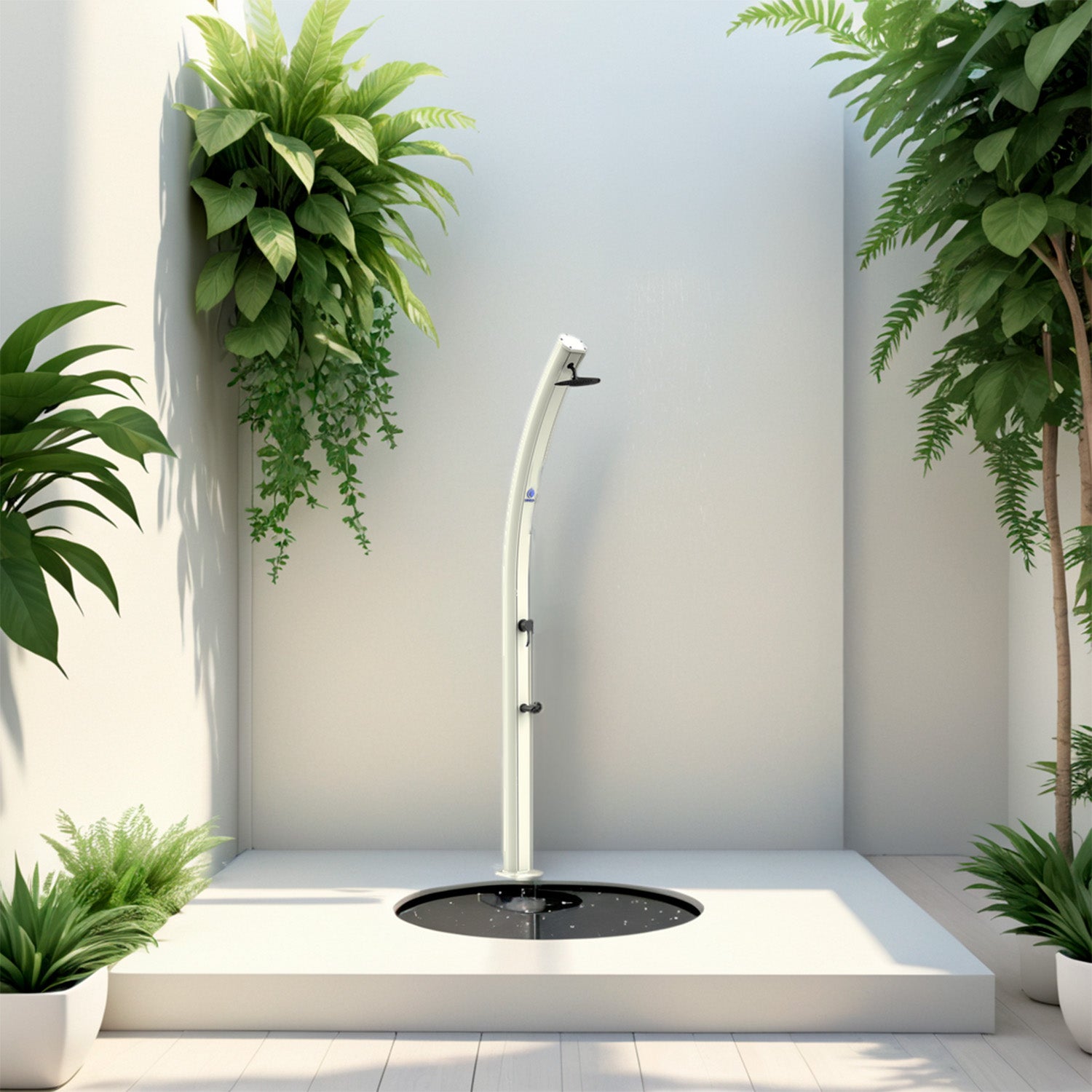 Doccia Solare In Alluminio Bianca Da 25 Litri Con Soffione Rotondo Da 15 Cm Miscelatore e Rubinetto Lavapiedi Struttura Curva Per Esterno Altezza 226 Cm Ideale Per Piscine Giardini Beb Hotel e Campeggi Acquisto Sicuro Consegna Veloce e Garanzia