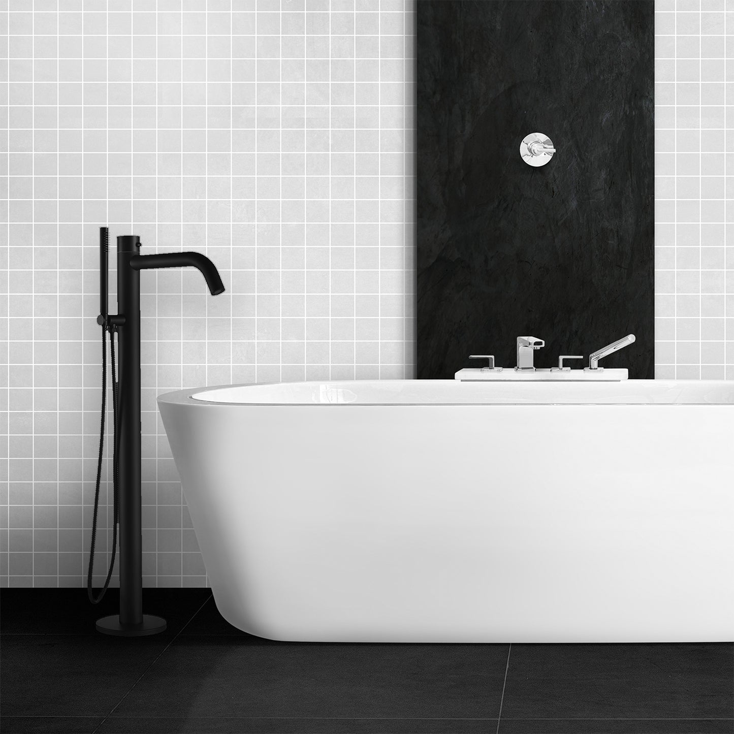 Rubinetto a Pavimento Nero Per Vasca Da Bagno Con Doccino Mobile