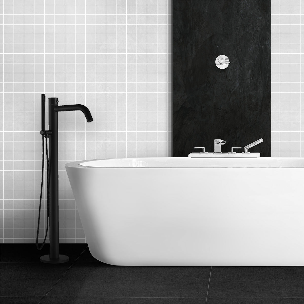 Rubinetto a Pavimento Nero Per Vasca Da Bagno Con Doccino Mo