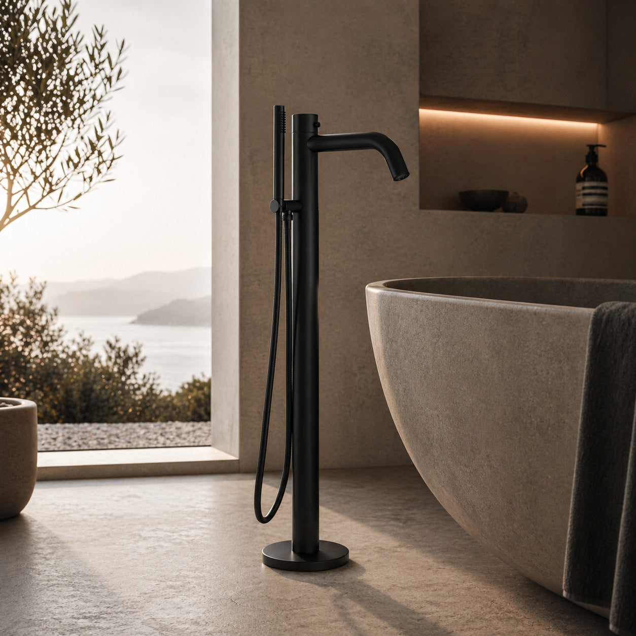 Rubinetto a Pavimento Nero Per Vasca Da Bagno Con Doccino Mo