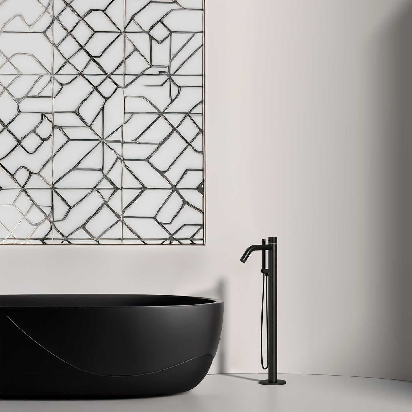 Rubinetto a Pavimento Nero Per Vasca Da Bagno Con Doccino Mobile