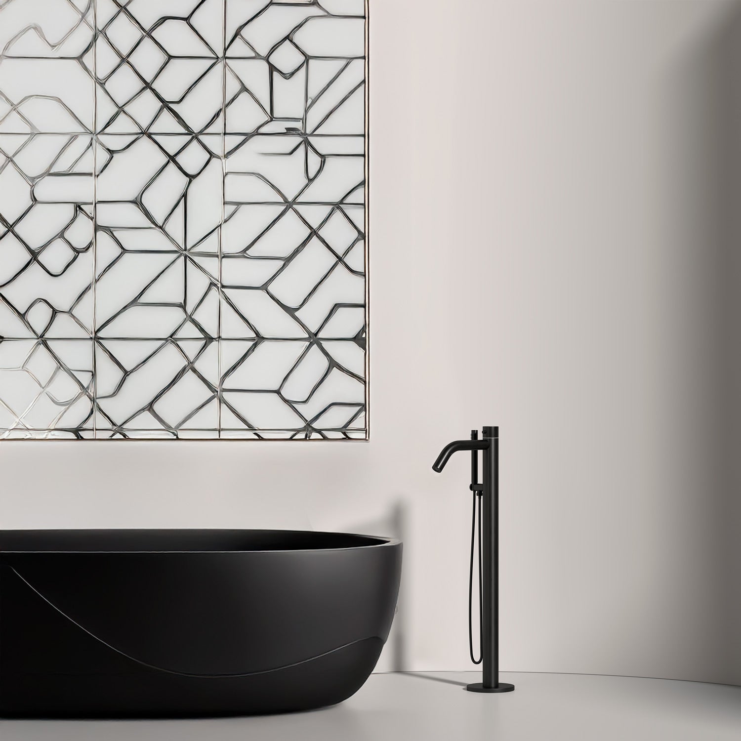 Rubinetto a Pavimento Nero Per Vasca Da Bagno Con Doccino Mobile