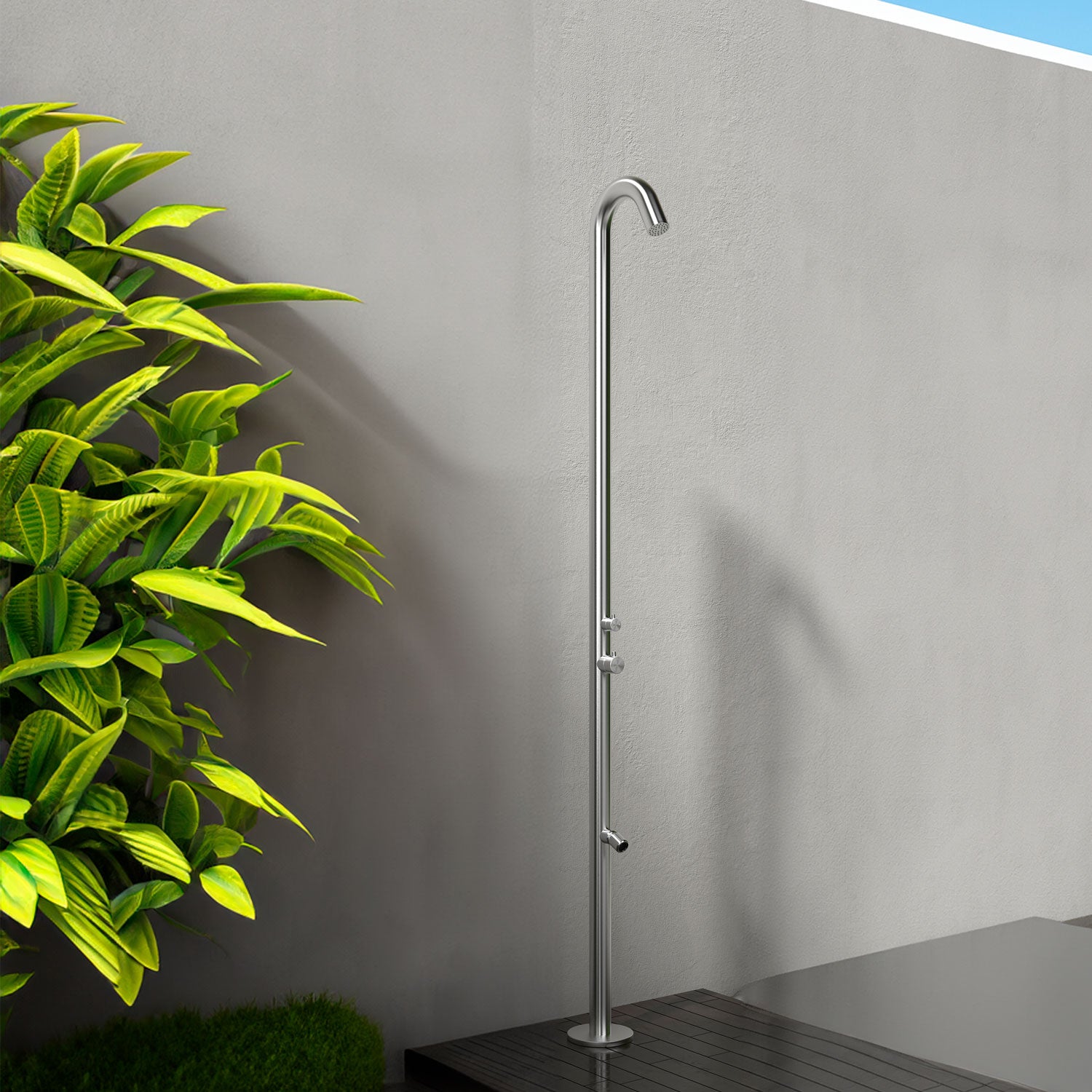Sined Quartu Doccia Per Esterni In Acciaio 316l Con Soffione e Lavapiedi h 2289 Cm Inox Attacchi a Scomparsa Sulla Base