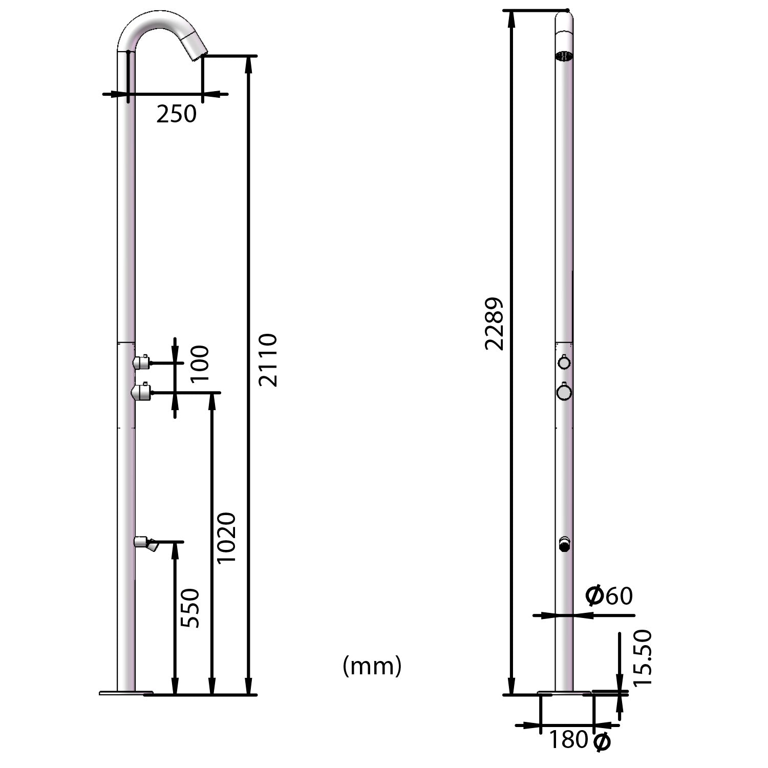 Sined Quartu Doccia Per Esterni In Acciaio 316l Con Soffione e Lavapiedi h 2289 Cm Inox Oro Con Soffione Deviatore e Lavapiedi