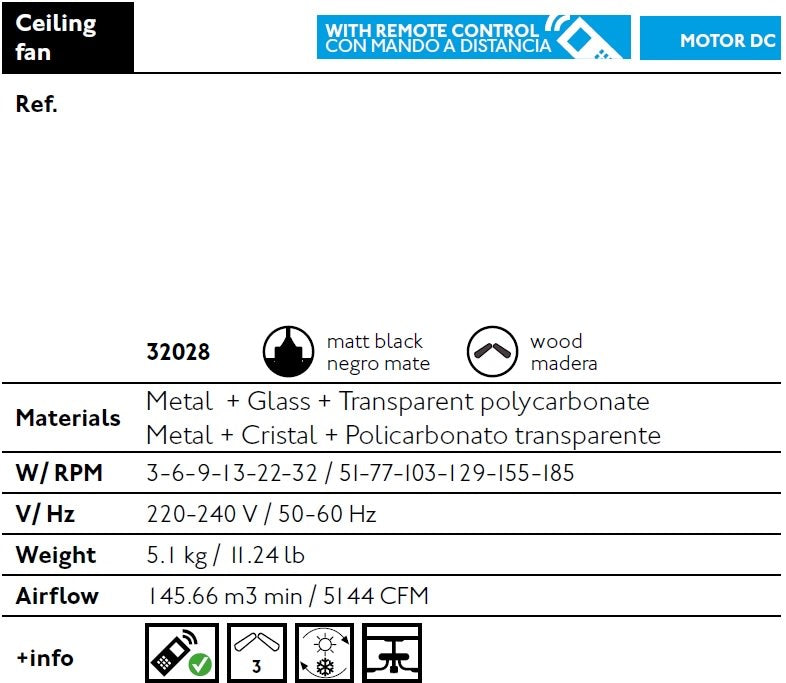 Ventilatore Senza Luce Mini Eterfan Nero Opaco e Legno