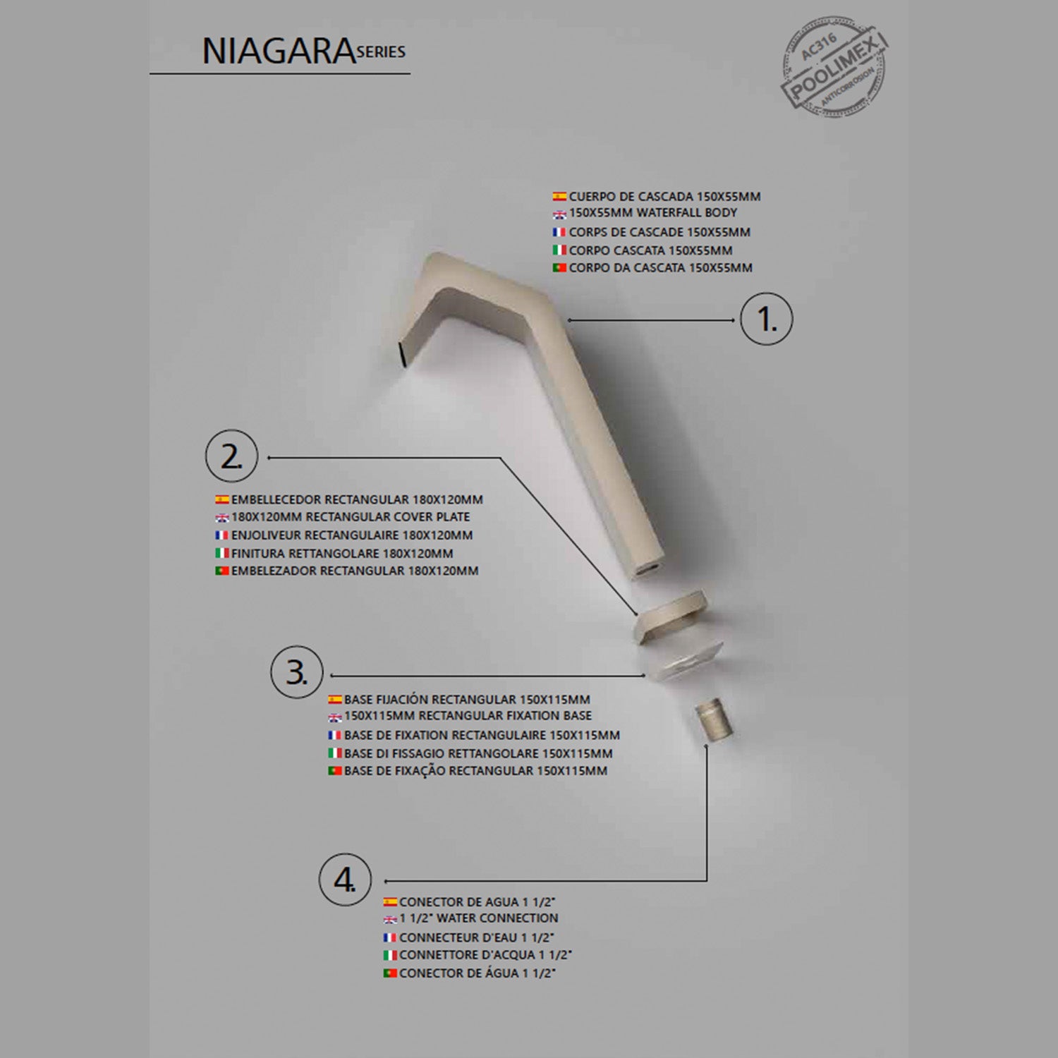 Cascata piscina inox 316 Niágara eleganza e resistenza