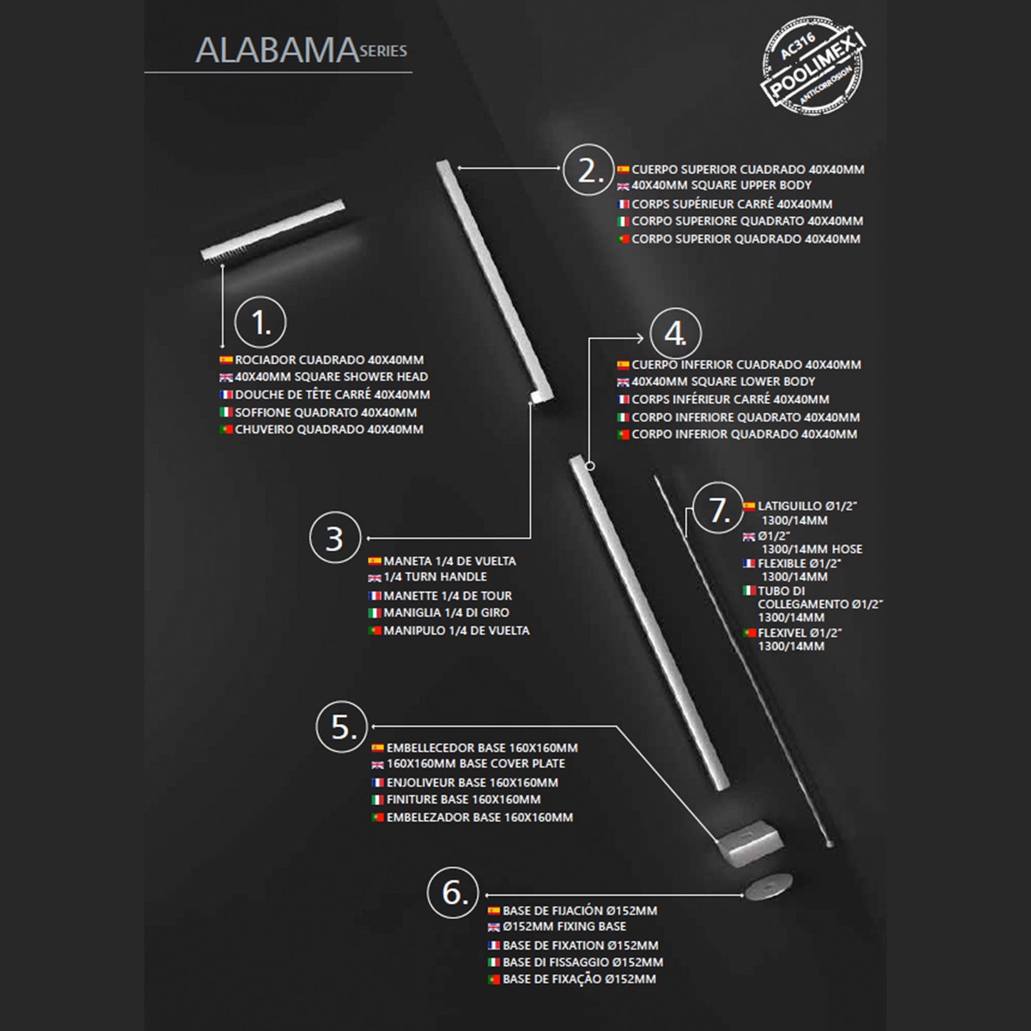 Doccia piscina acciaio 316 ALABAMA eleganza e durata
