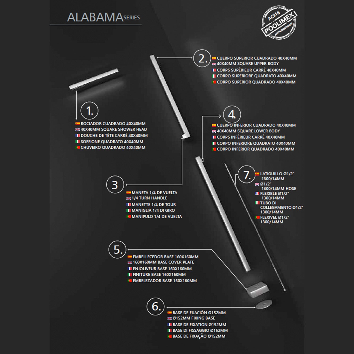 Doccia piscina acciaio 316 ALABAMA eleganza e durata