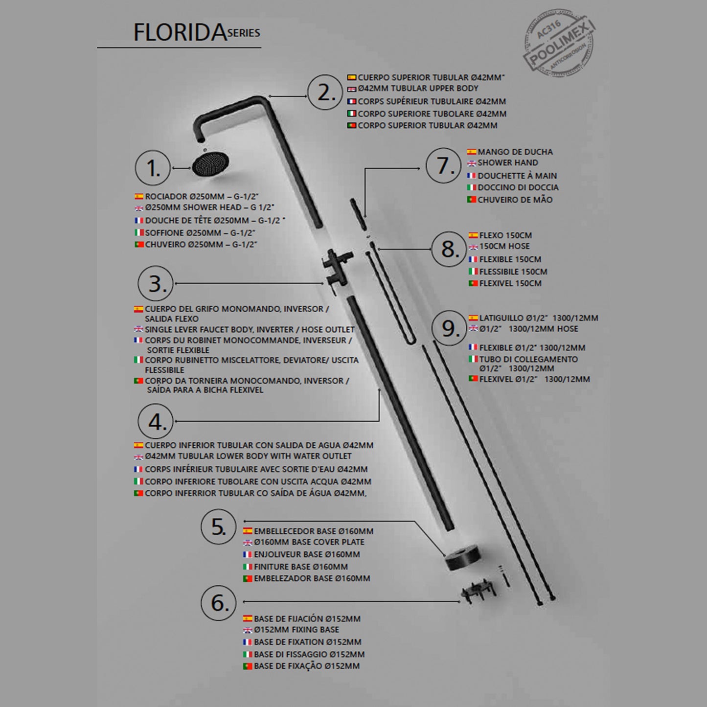 Doccia piscina nera in inox 316 FLORIDA eleganza e qualita senza tempo