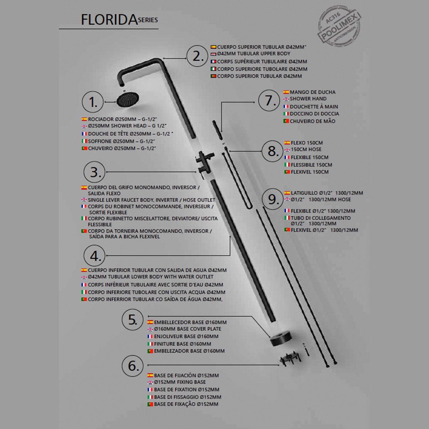 Doccia piscina nera in inox 316 FLORIDA eleganza e qualita senza tempo