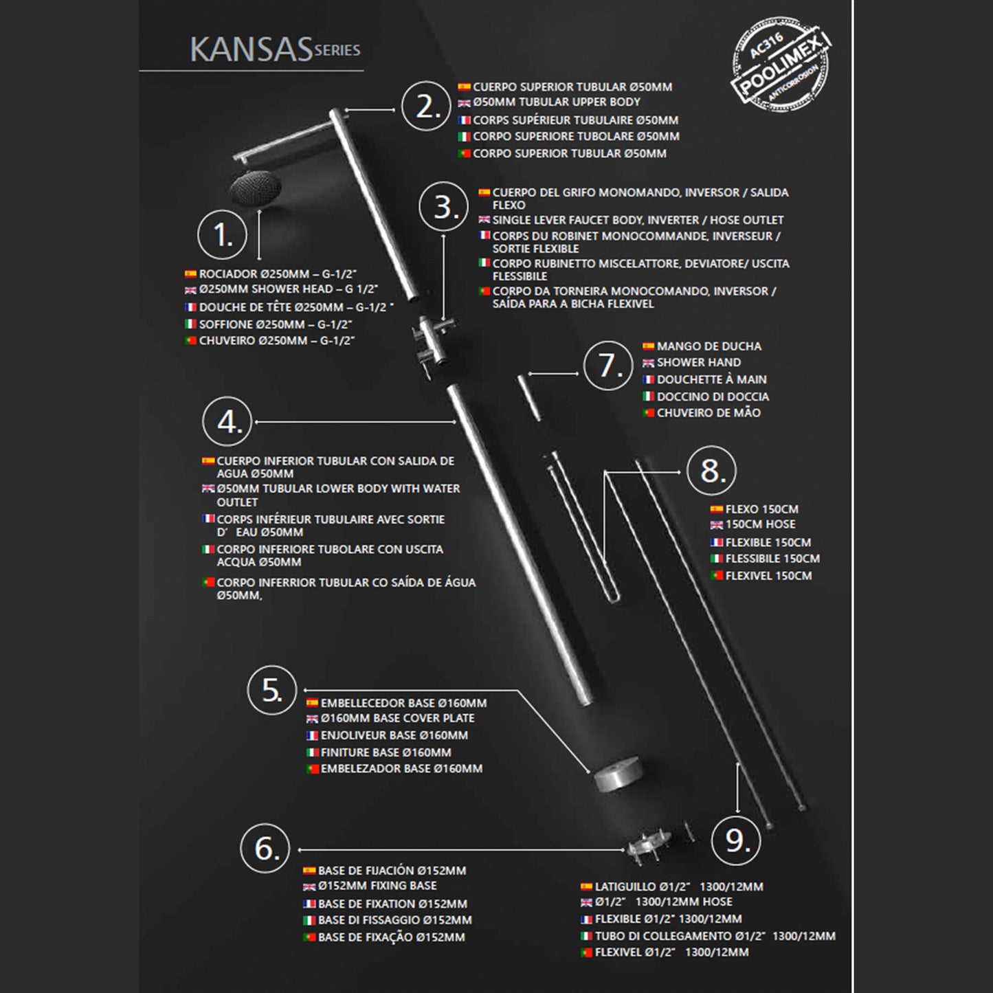 Doccia piscina acciaio 316 KANSAS eleganza e qualita per esterni