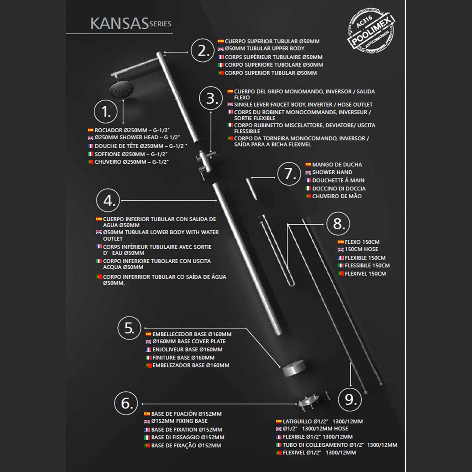 Doccia piscina acciaio 316 KANSAS eleganza e qualita per esterni