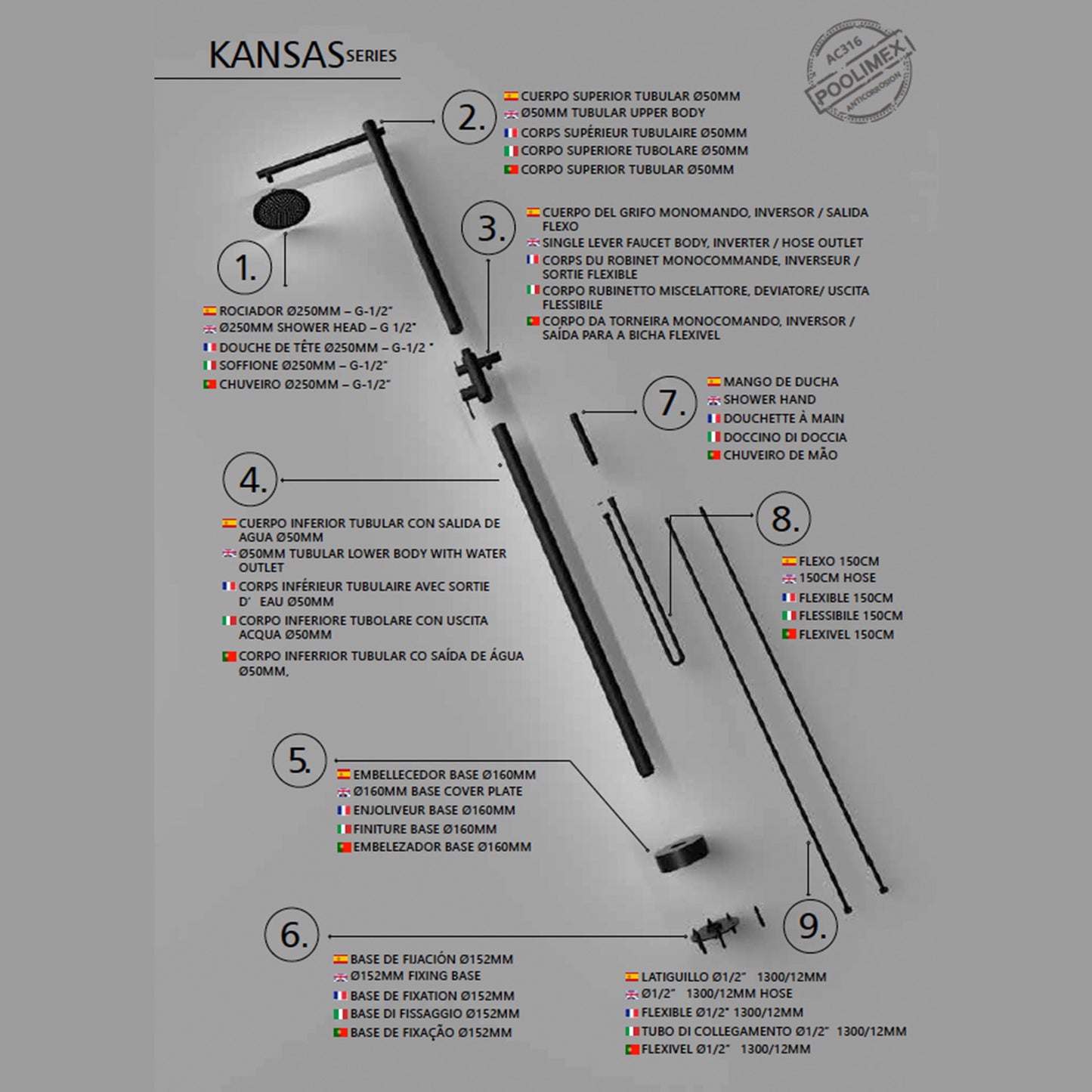 Doccia nera KANSAS in inox 316 per piscina e giardino