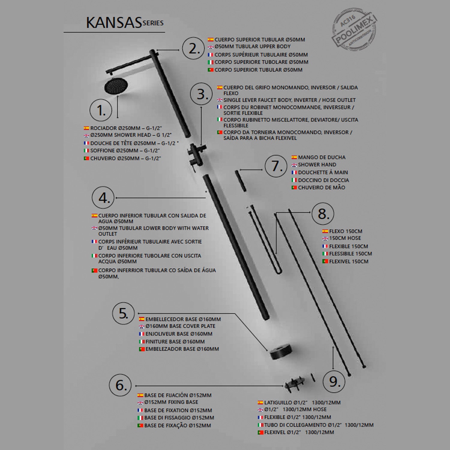 Doccia nera KANSAS in inox 316 per piscina e giardino