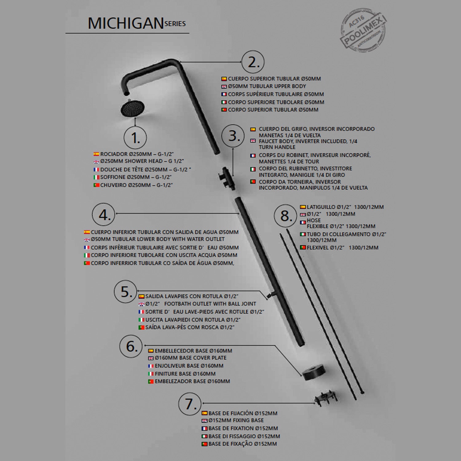 Doccia piscina MICHIGAN in acciaio inox 316 design elegante e resistente
