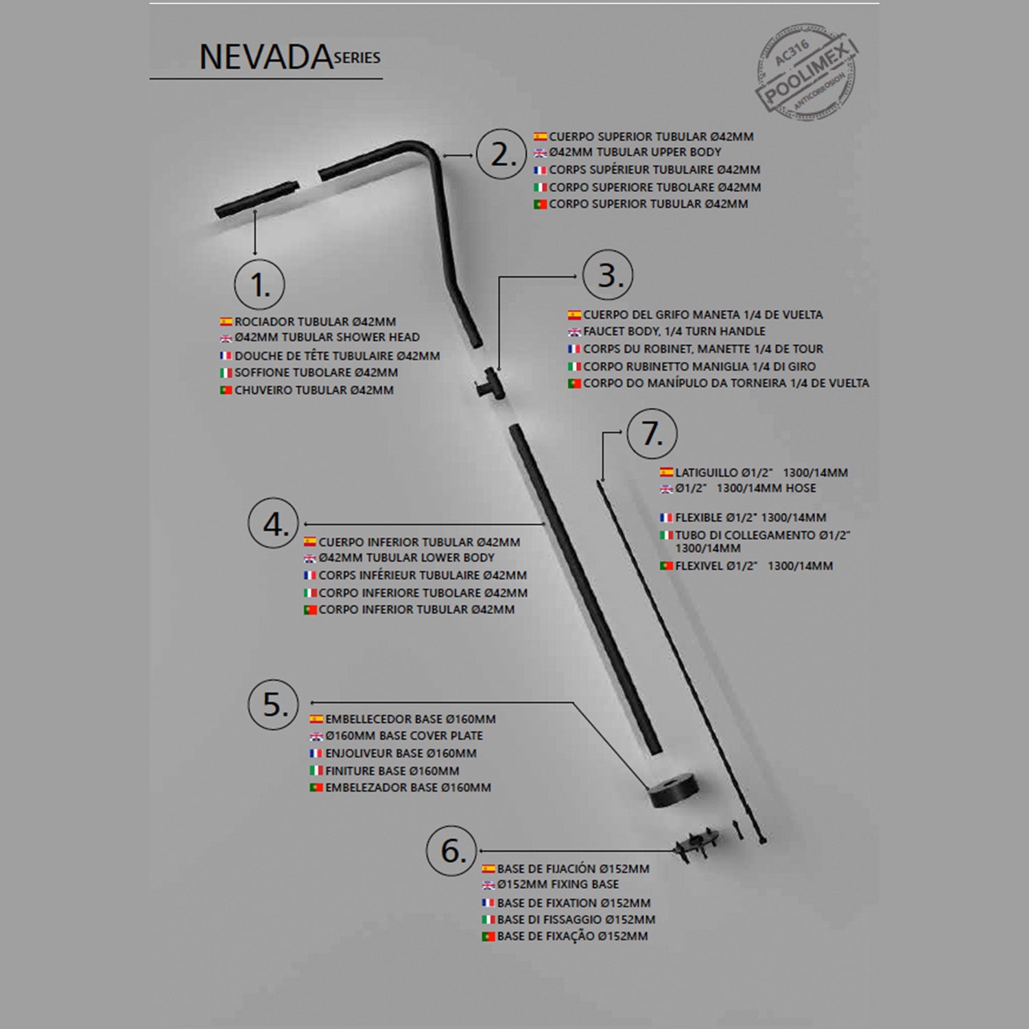 Doccia piscina nera in inox 316 Nevada eleganza e robustezza