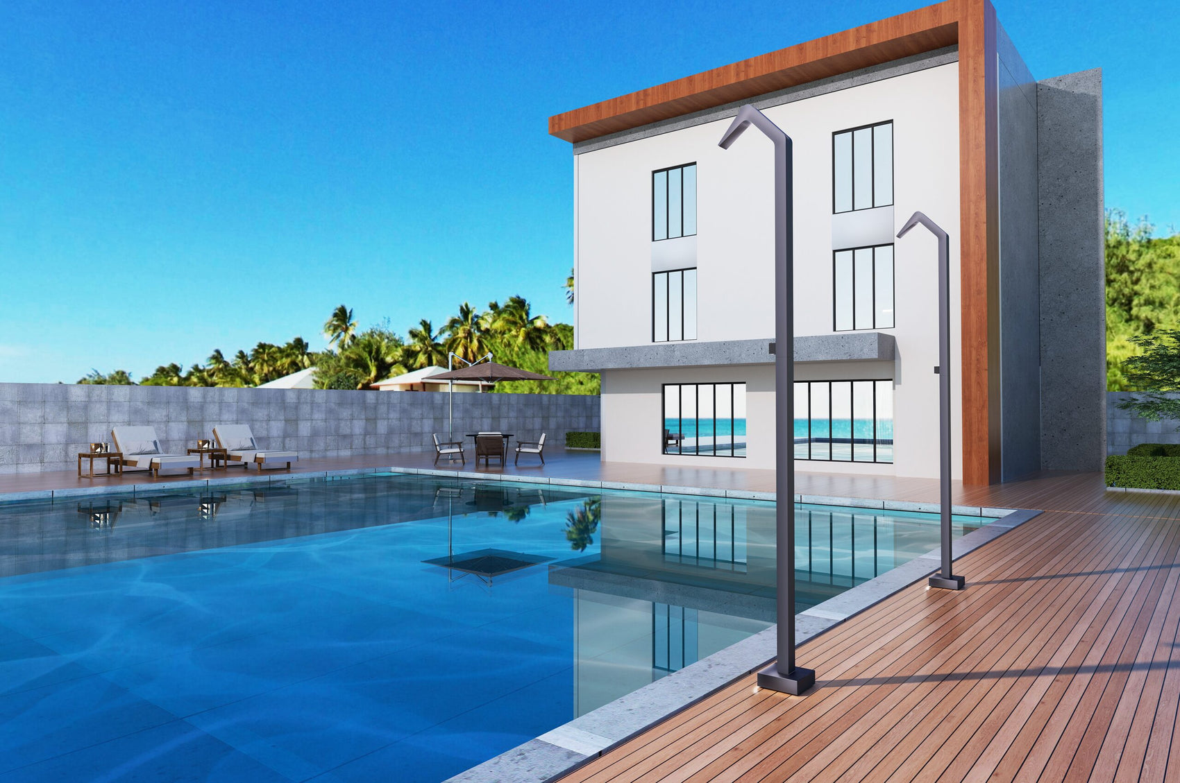 Doccia piscina Niagara in acciaio 316 eleganza e resistenza per il tuo giardino o piscina Design raffinato con diffusore a cascata rubinetto monoforo a 2 vie e base decorativa Massima qualita anticorrosione per un uso esterno duraturo Acquista ora e