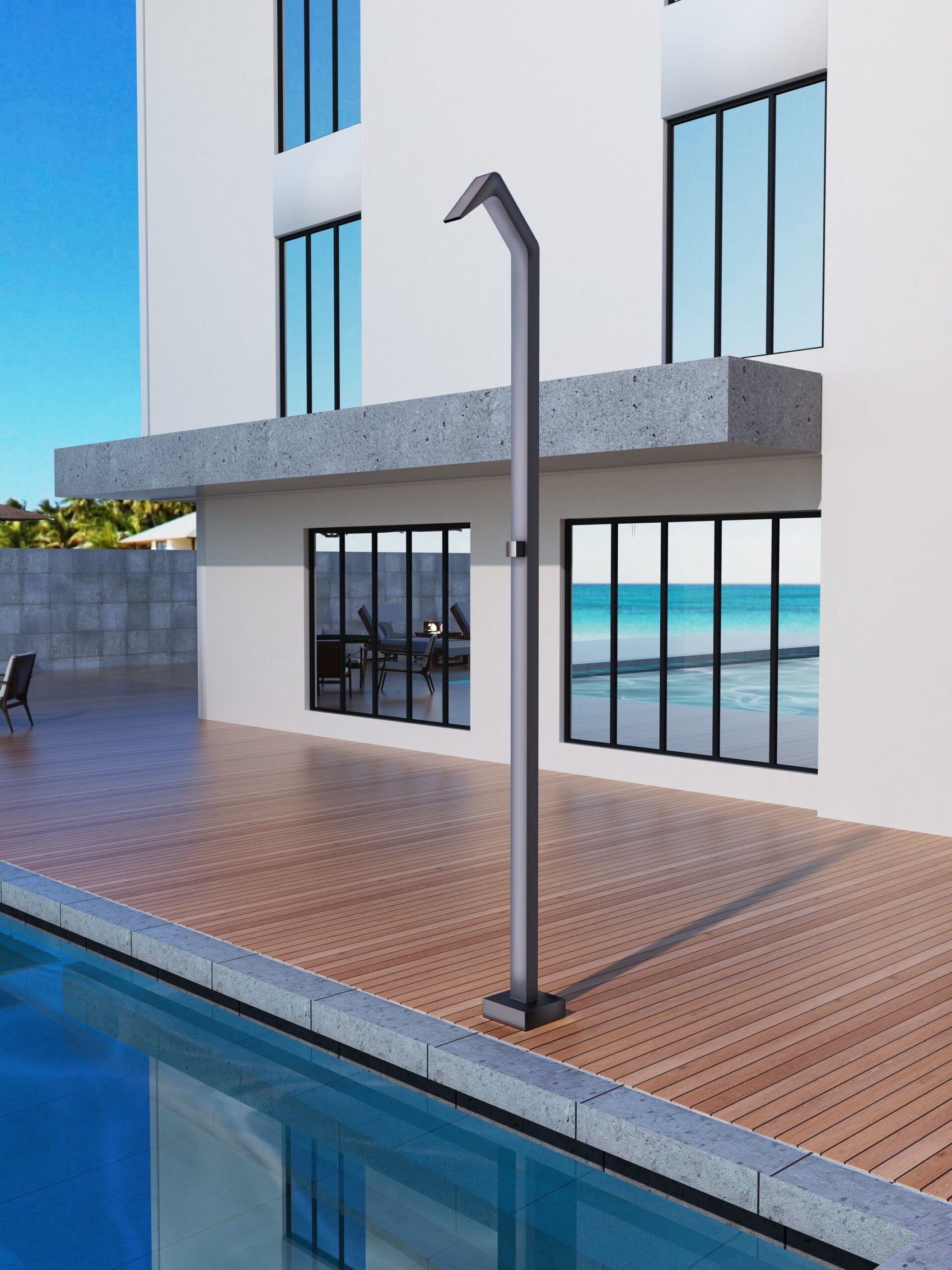 Doccia piscina Niagara in acciaio 316 eleganza e resistenza per il tuo giardino o piscina Design raffinato con diffusore a cascata rubinetto monoforo a 2 vie e base decorativa Massima qualita anticorrosione per un uso esterno duraturo Acquista ora e