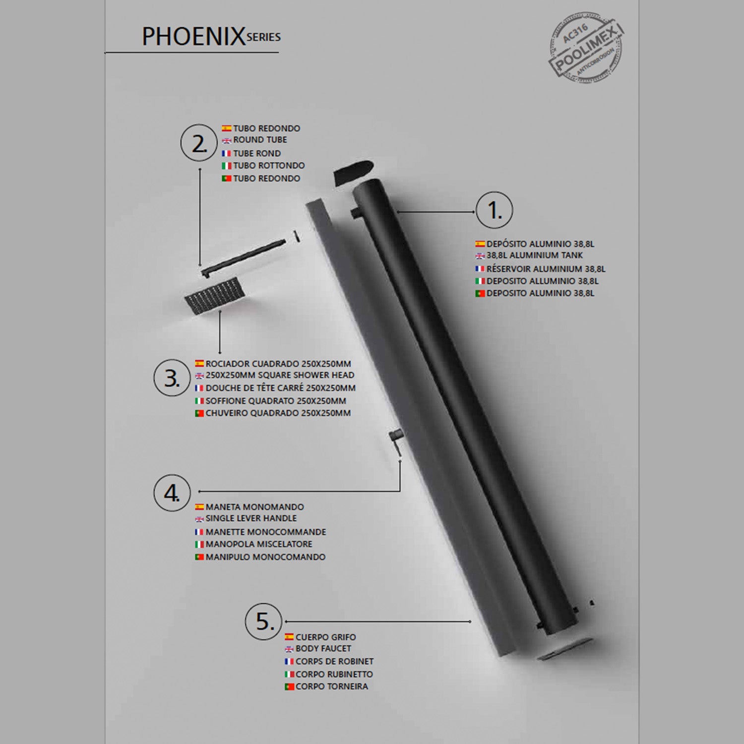 Doccia piscina Phoenix in acciaio 316 eleganza e resistenza