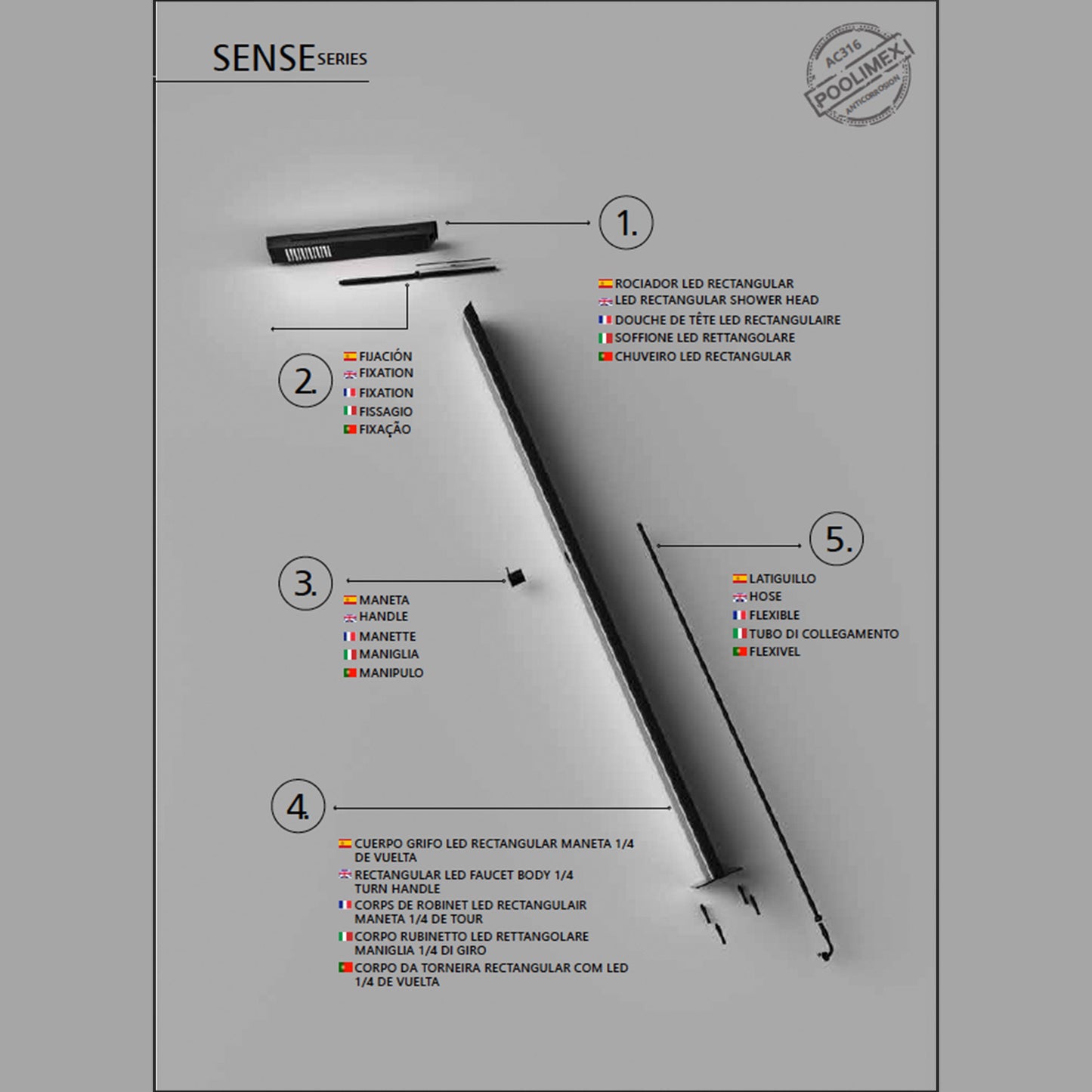 Doccia piscina acciaio 316 SENSE design moderno e resistente