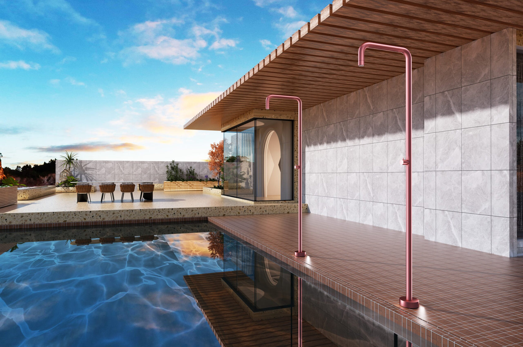 Doccia piscina UTAH in acciaio 316 rosa eleganza e resistenza per il tuo giardino