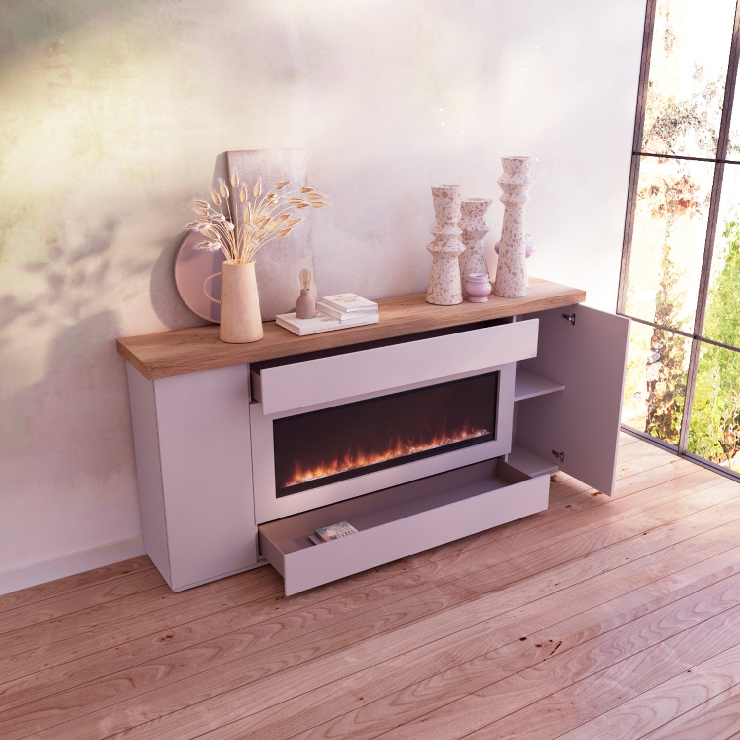 Mobile in legno Desio 108 con camino elettrico integrato