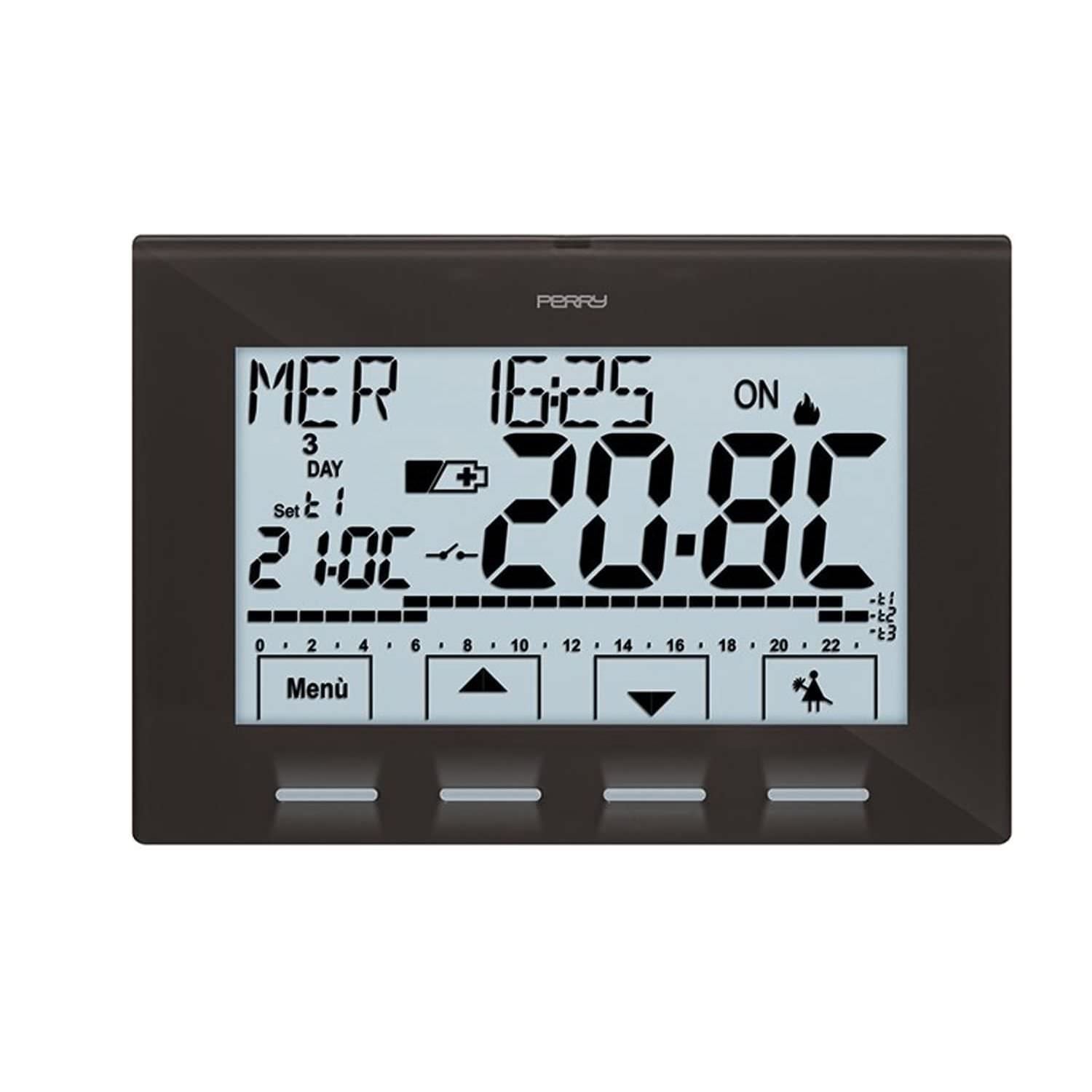Cronotermostato da parete antracite Perry 1CRCR028A: design elegante, materiali di alta qualità, programmazione settimanale, 3 livelli di temperatura, alimentazione a batterie 3V, display luminoso e navigazione a menu. Acquista ora per un comfort moderno