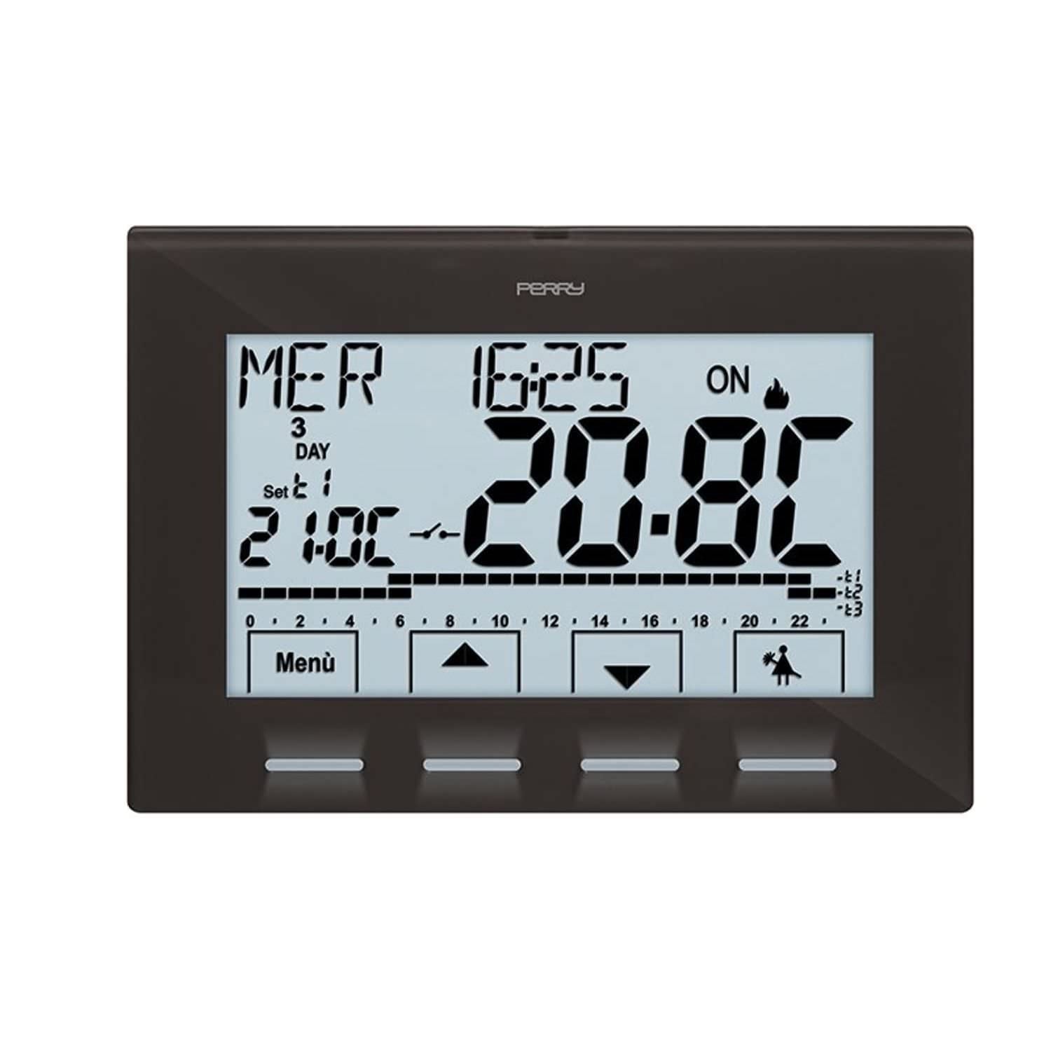 Cronotermostato da parete nero Perry 1CRCR029A: design elegante, materiali di alta qualità, programmazione settimanale e funzioni avanzate. Acquista ora per un comfort duraturo e un investimento sicuro.