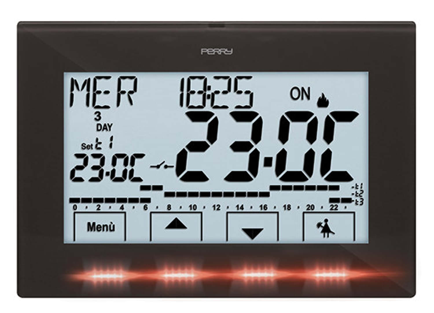 Cronotermostato da parete nero Perry 1CRCR029A: design elegante, materiali di alta qualità, programmazione settimanale e funzioni avanzate. Acquista ora per un comfort duraturo e un investimento sicuro.