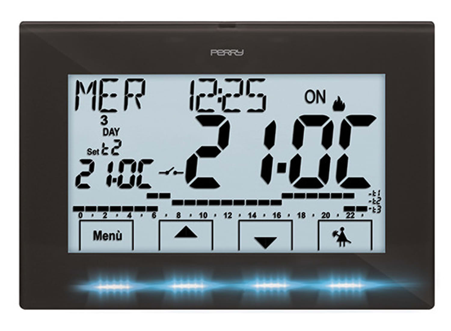 Cronotermostato da parete nero Perry 1CRCR029A: design elegante, materiali di alta qualità, programmazione settimanale e funzioni avanzate. Acquista ora per un comfort duraturo e un investimento sicuro.