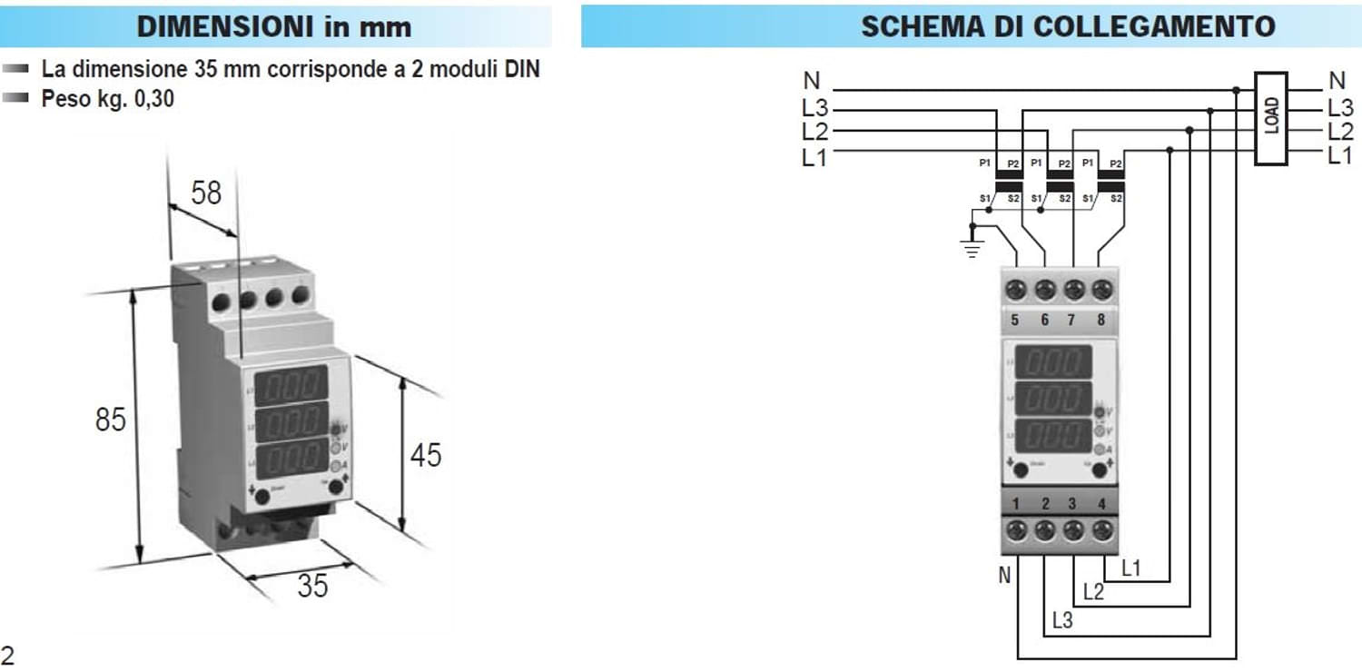 Multimetro Trifase a Led 2 Din
