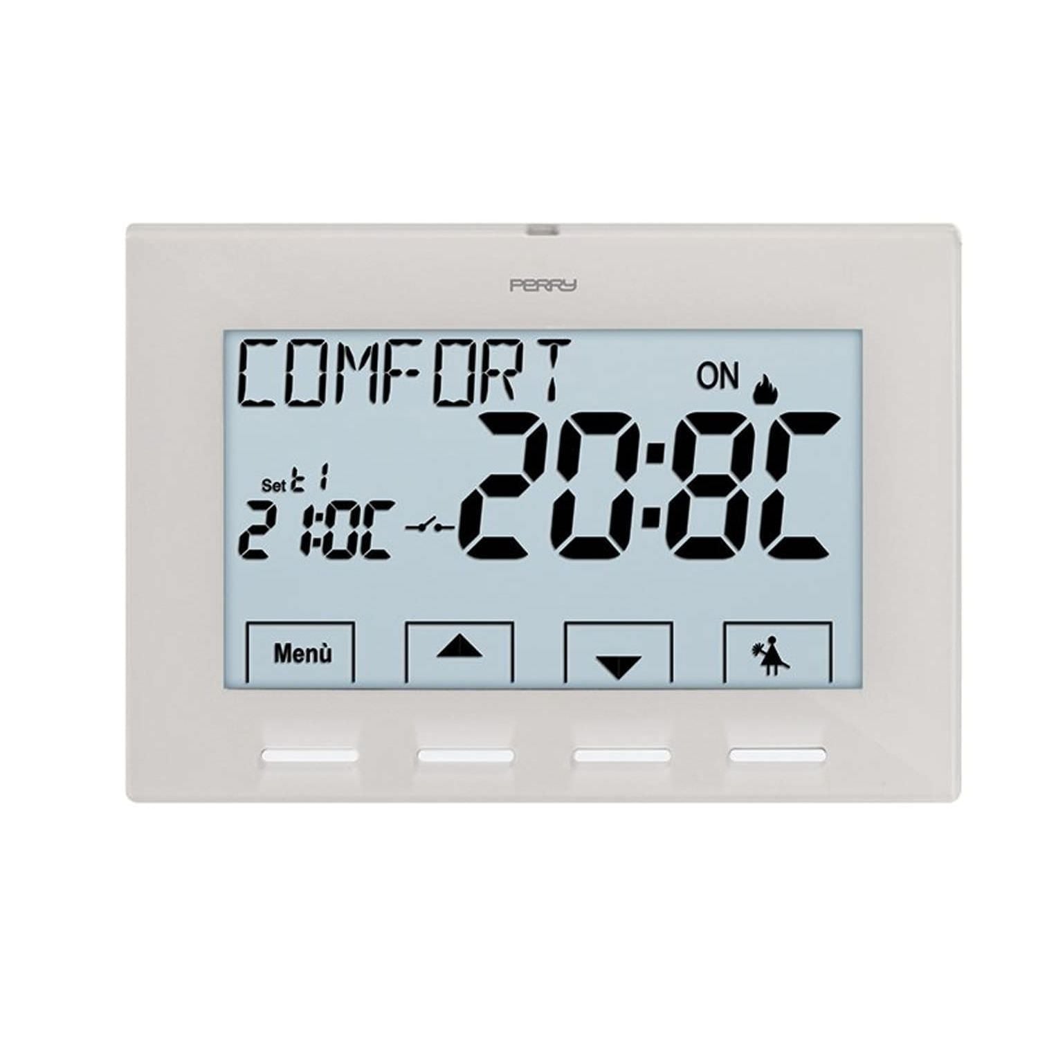Termostato digitale Perry 1TPTE029B da parete, bianco, 230V, design elegante e materiali di alta qualità, ideale per ambienti privati e professionali. Facile da usare con menu multilingua e display LCD retroilluminato da 4,3. Funzionamento ON/OFF con dif
