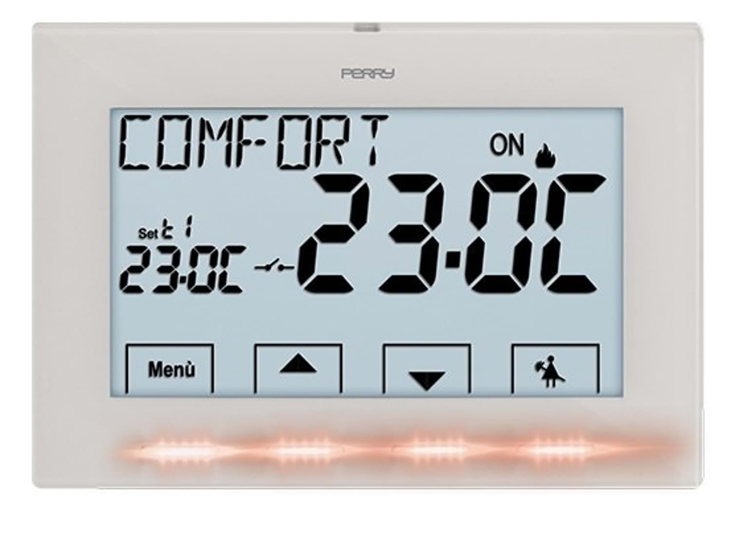 Termostato digitale Perry 1TPTE029B da parete, bianco, 230V, design elegante e materiali di alta qualità, ideale per ambienti privati e professionali. Facile da usare con menu multilingua e display LCD retroilluminato da 4,3. Funzionamento ON/OFF con dif