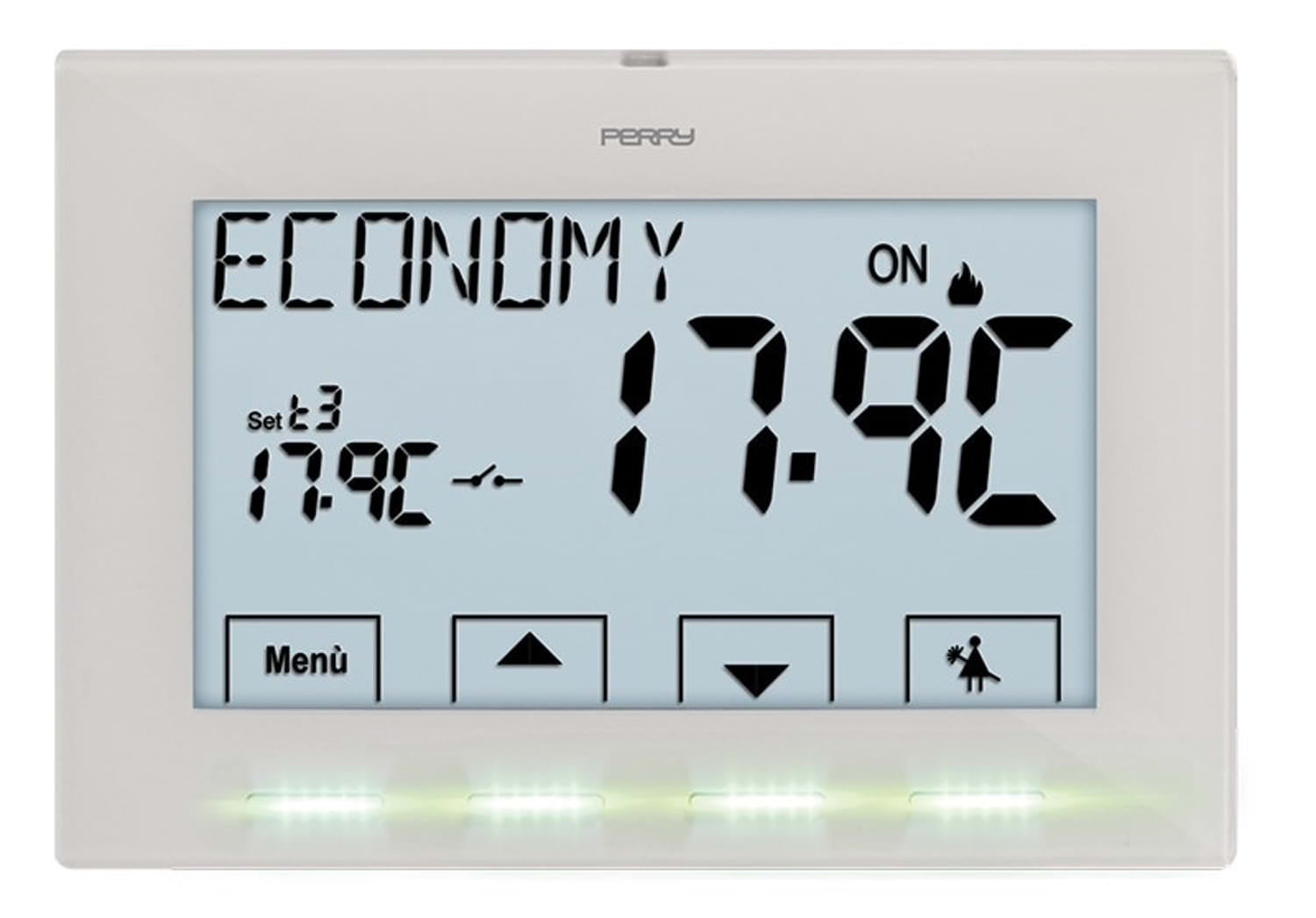 Termostato digitale Perry 1TPTE029B da parete, bianco, 230V, design elegante e materiali di alta qualità, ideale per ambienti privati e professionali. Facile da usare con menu multilingua e display LCD retroilluminato da 4,3. Funzionamento ON/OFF con dif