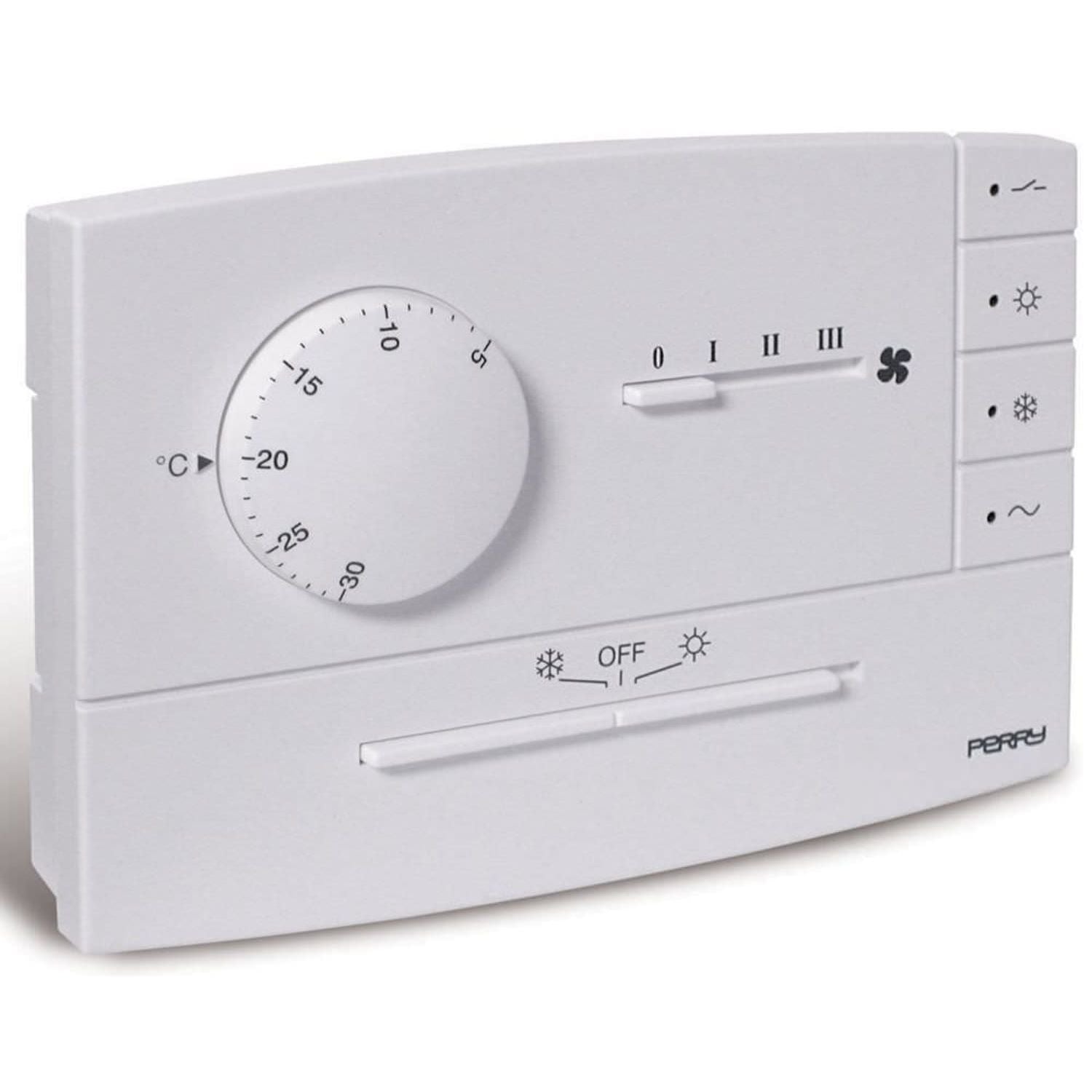Termostato elettronico da parete Perry 1TPTE565B per fan coil, design elegante e materiali di alta qualità. Controllo EST/OFF/INV, 3 velocità, LED indicazione stato relè, EST/INV e presenza rete. Regolazione continua della temperatura da 5 a 30°C. Ideale