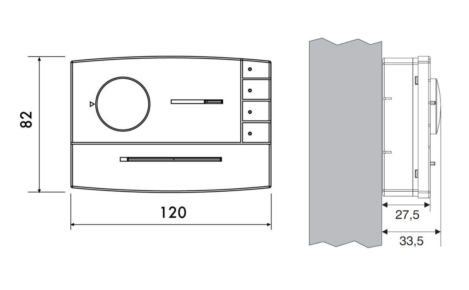 Termostato elettronico da parete Perry 1TPTE565B per fan coil, design elegante e materiali di alta qualità. Controllo EST/OFF/INV, 3 velocità, LED indicazione stato relè, EST/INV e presenza rete. Regolazione continua della temperatura da 5 a 30°C. Ideale