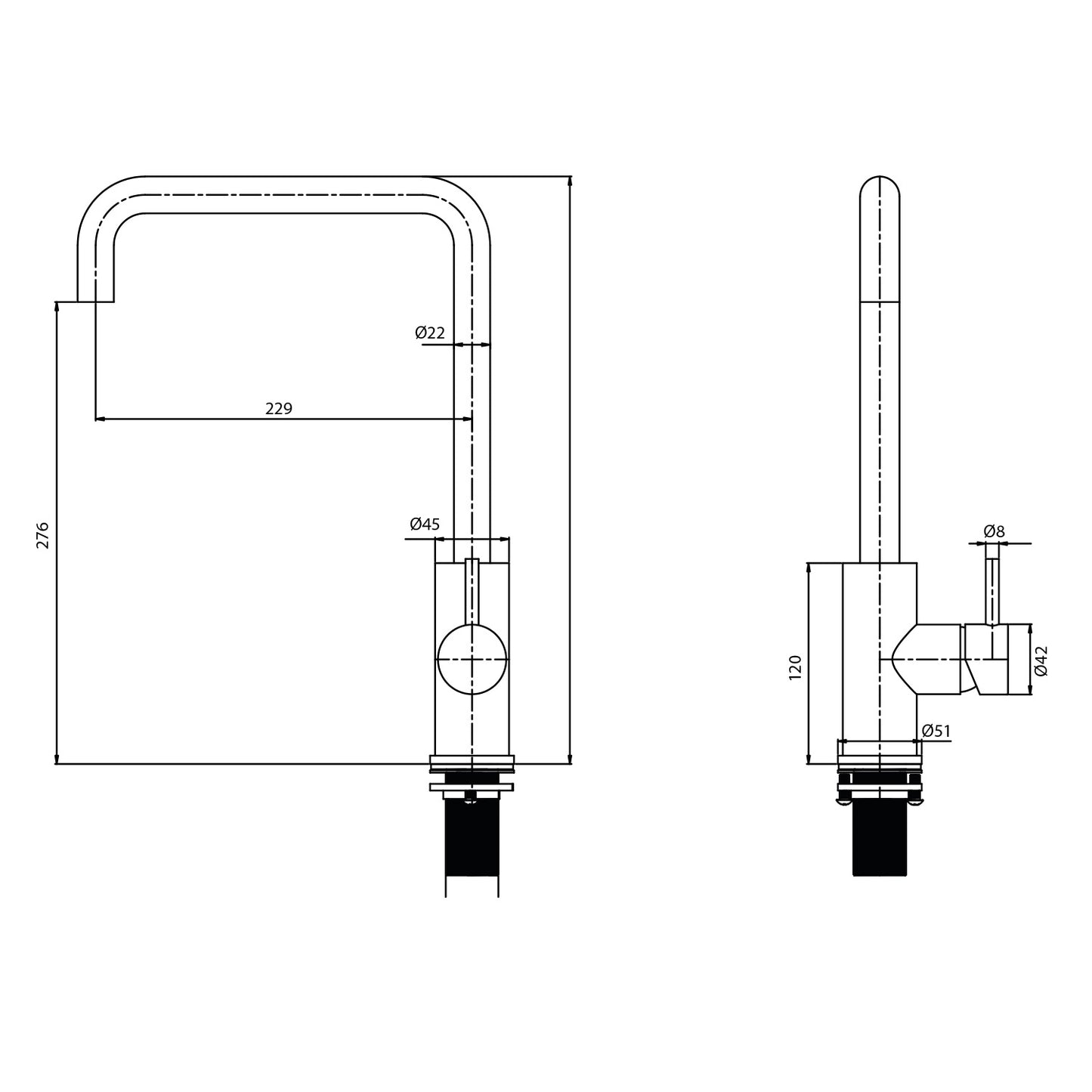 Rubinetto cucina Levante Quadro canna fucile inox 316L