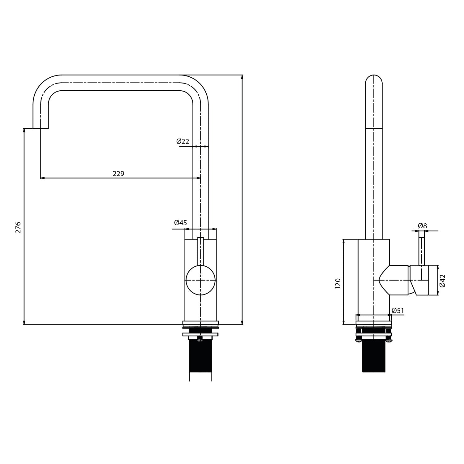 Rubinetto cucina Levante Quadro canna fucile inox 316L